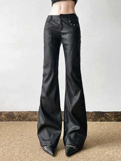 2025 Autumn Winter Women's PU Pants Low Rise Goblin Core Faux Leather Trousers Bell Bottom Gothic Japanese Y2k Stretch 2000s New