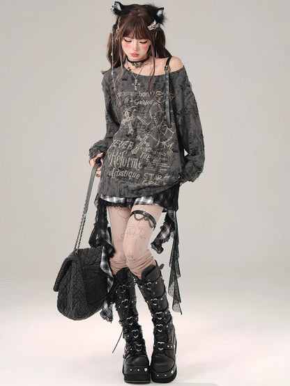 Gothic Vintage Oversize Long sleeve T shirt Women Sweet Sexy Off shoulder Tops Spring Autumn Fashion Holes Basic Tees