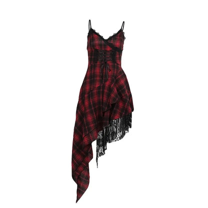 Women's Plaid Lace Spaghetti-Strap Midi Dress