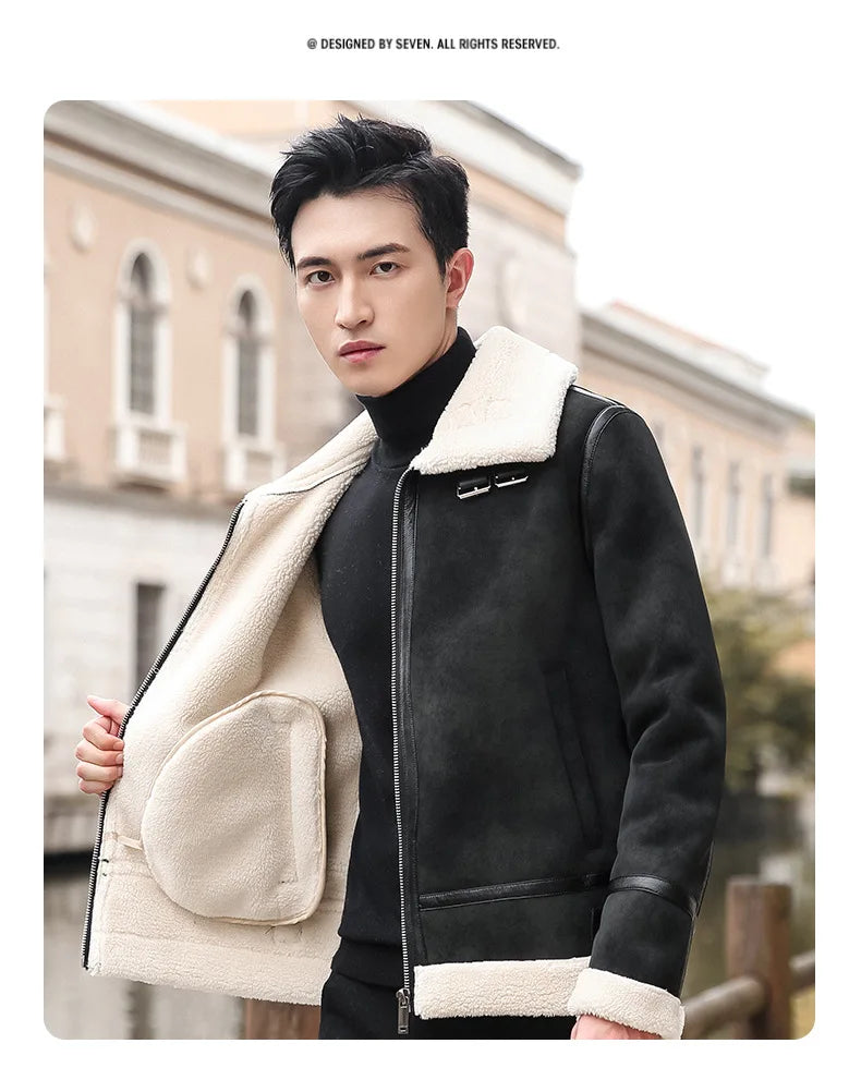 Fashion Solid Slim Korean Style Leather Coat Fleece Jacket Men Leather Jacket Winter Faux Fur Collar Windproof Warm Clothing