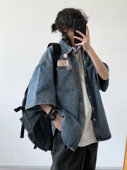 Harajuku Tooling Mens Sets 2024 Summer American Street Retro Denim Suit Hip Hop Printed Cowboy Shirt+Wide Leg Jeans 2-pcs New