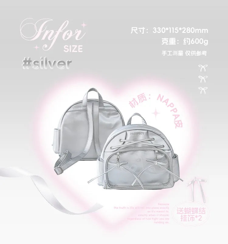 Japanese New Girls Silver Shoulder Bag Large Capacity Ribbon Itabag Student Women's Satin Messenger Bag Leather Backpacks