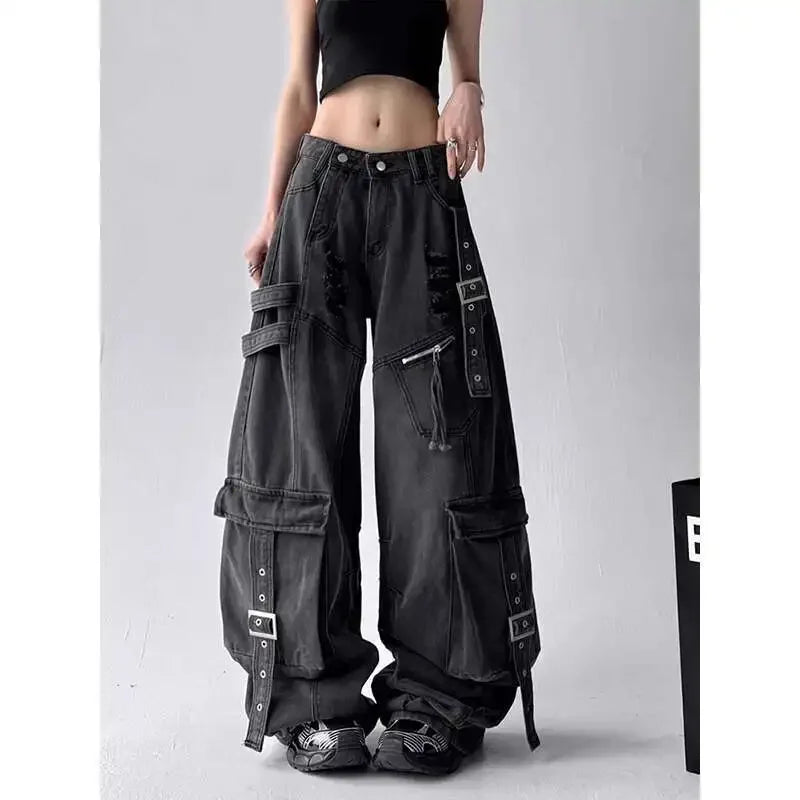 American Gothic Heavy-Industry Multi-Pocket Ripped Black Jeans Retro Fashion Men and Women Loose Wide Legs Casual Pants