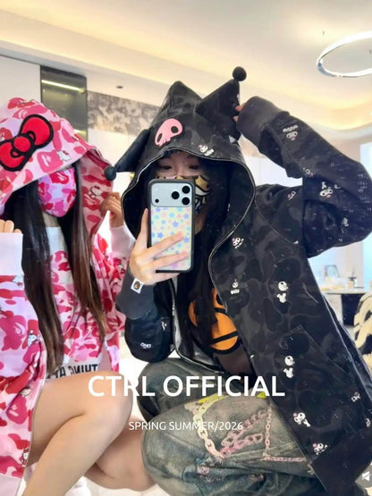 In  Stock  Anime Hello Kittys Hooded Jacket Girl Commuting Coat Jacket Kuromi Anime 3d Ears Hooded Cute Leopard Print Clothes