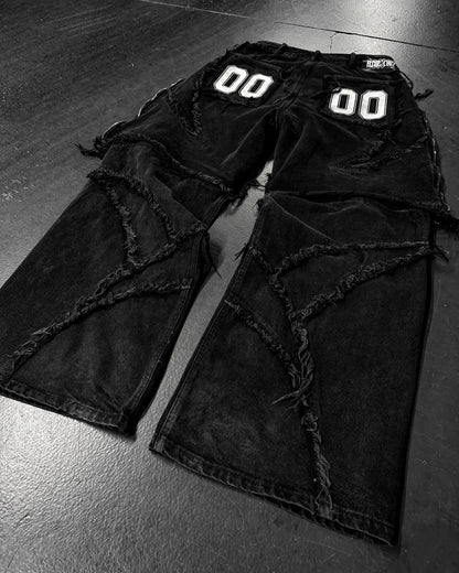 Y2k Patchwork Stripe Embroidery Fur Edge Jeans Fashion America Retro Zipper Splicing Baggy Jeans Punk Men Black Denim Pants
