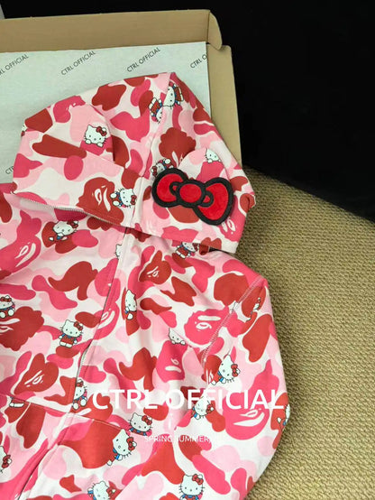 In  Stock  Anime Hello Kittys Hooded Jacket Girl Commuting Coat Jacket Kuromi Anime 3d Ears Hooded Cute Leopard Print Clothes