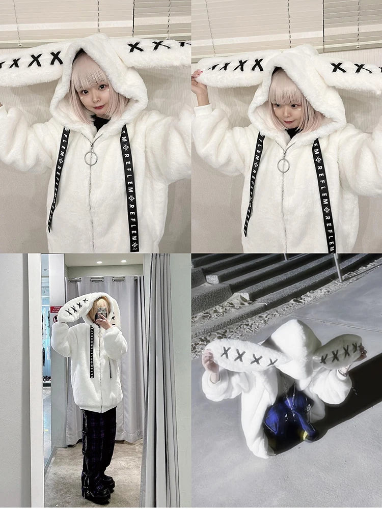 Women's White Faux Fur Bunny-Ear Coat
