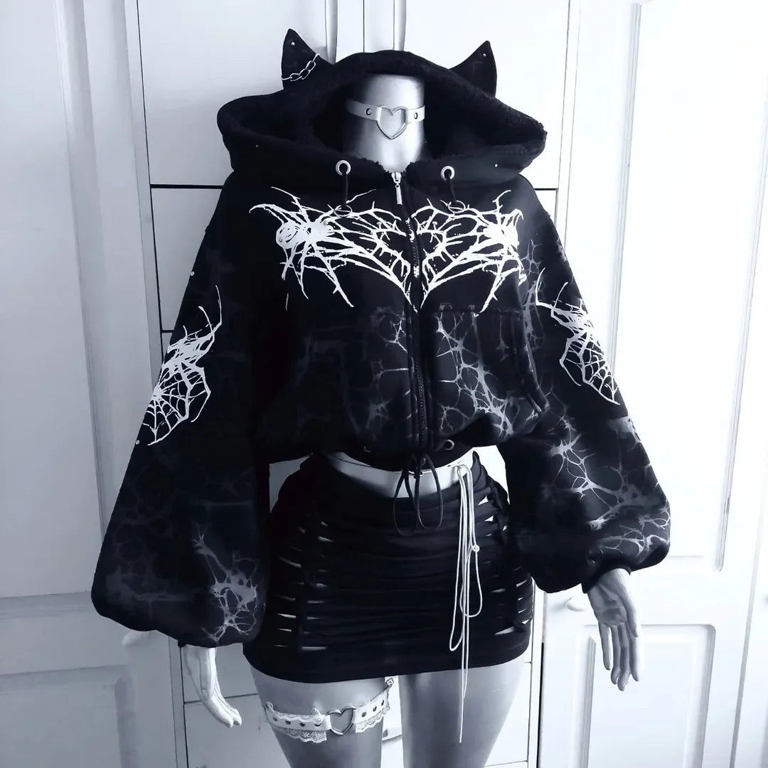 Womens Black Spider Web Print Gothic Style Zip Up Cropped Long Sleeve Hoodie Streetwear Avant Garde Edgy Design Urban Clothing