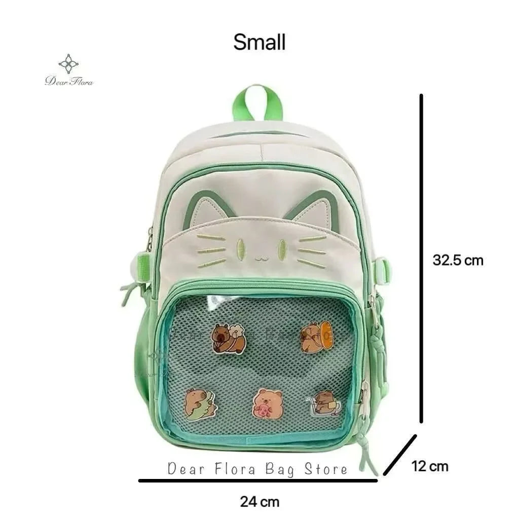 Y2K Cute Cat Ita Backpacks Large Capacity Knapsack Casual Girl Transparent DIY Display Rucksack Cartoon Trendy Travel Schoolbags