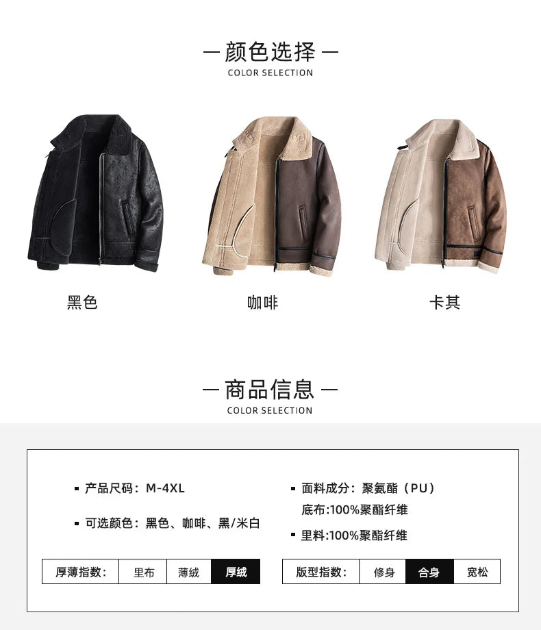 Fashion Solid Slim Korean Style Leather Coat Fleece Jacket Men Leather Jacket Winter Faux Fur Collar Windproof Warm Clothing