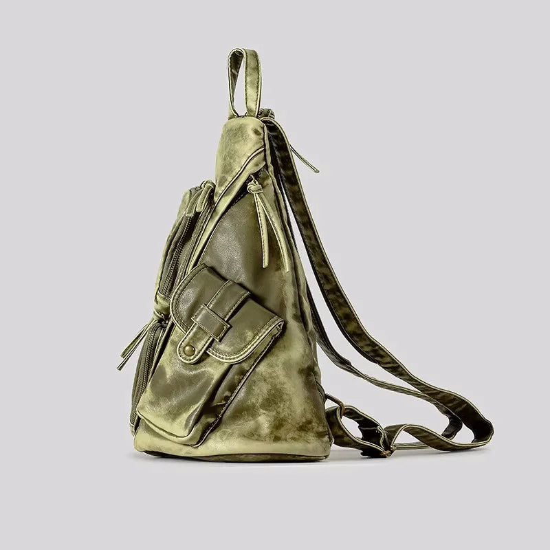 Annmouler Designer Backpacks for Women Soft Washed Letaher Sling Chest Bag Vintage Multi-pockets Punk Style Small Bag