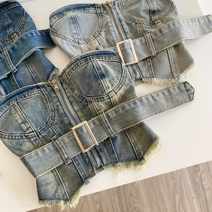 SINGREINY Vintage Denim Strapless Camis Backless Irregular Raw Hem Slim Distressed Crop Top Ladies Sashes Sexy Club Lingerie Top