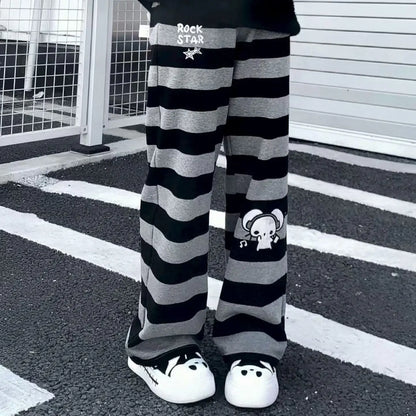 Kimotimo Punk Anime Printed Striped Pants Women Harajuku Y2k Straight Casual Long Trousers 2025 Autumn Vintage Gothic Streetwear