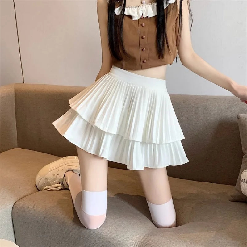Women Ruffled Pleated A-Line Mini Skirt Summer Tulle Cake High Waist Slim Skirt Shorts Female Sexy Korean Kawaii White