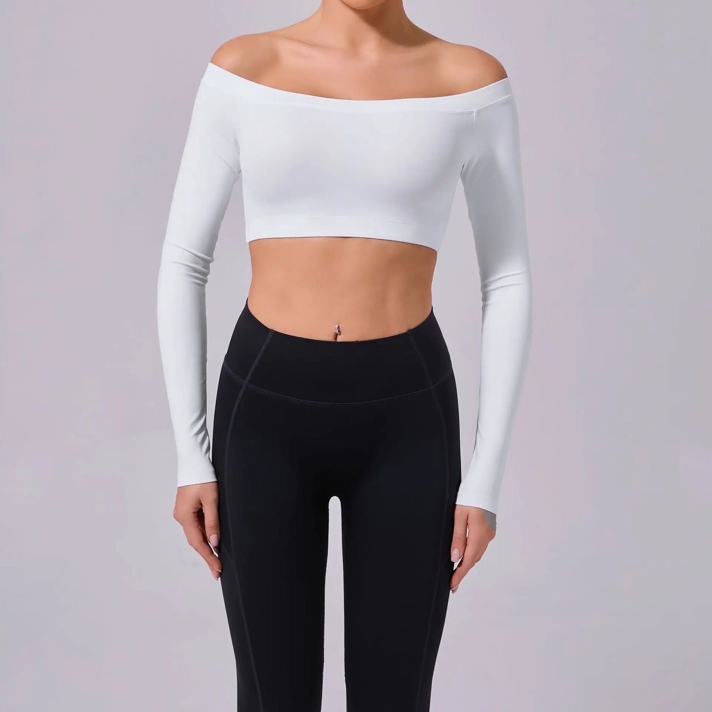 Fashion Long Sleeve Slash Neck Sports Top Women Crop Top for Fitness Yoga Wear Fashion Sports Short T-shirt Gym Workout Shirt