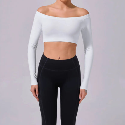 Fashion Long Sleeve Slash Neck Sports Top Women Crop Top for Fitness Yoga Wear Fashion Sports Short T-shirt Gym Workout Shirt