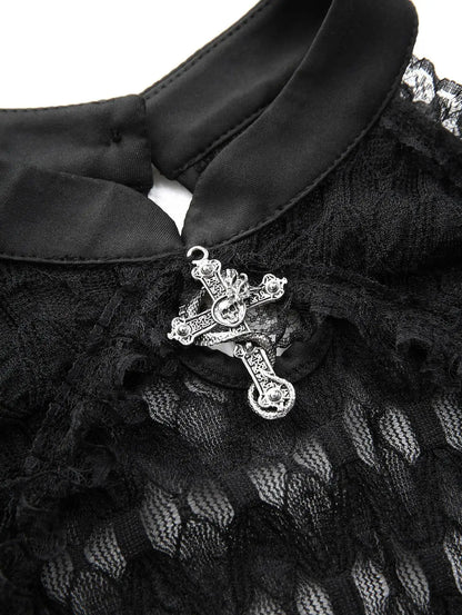 New Gothic Cold Shoulder Tops Women's Crochet Mesh Semi See Through Shirt with Cut Out Panels, Twist Front Cropped T-Shirt
