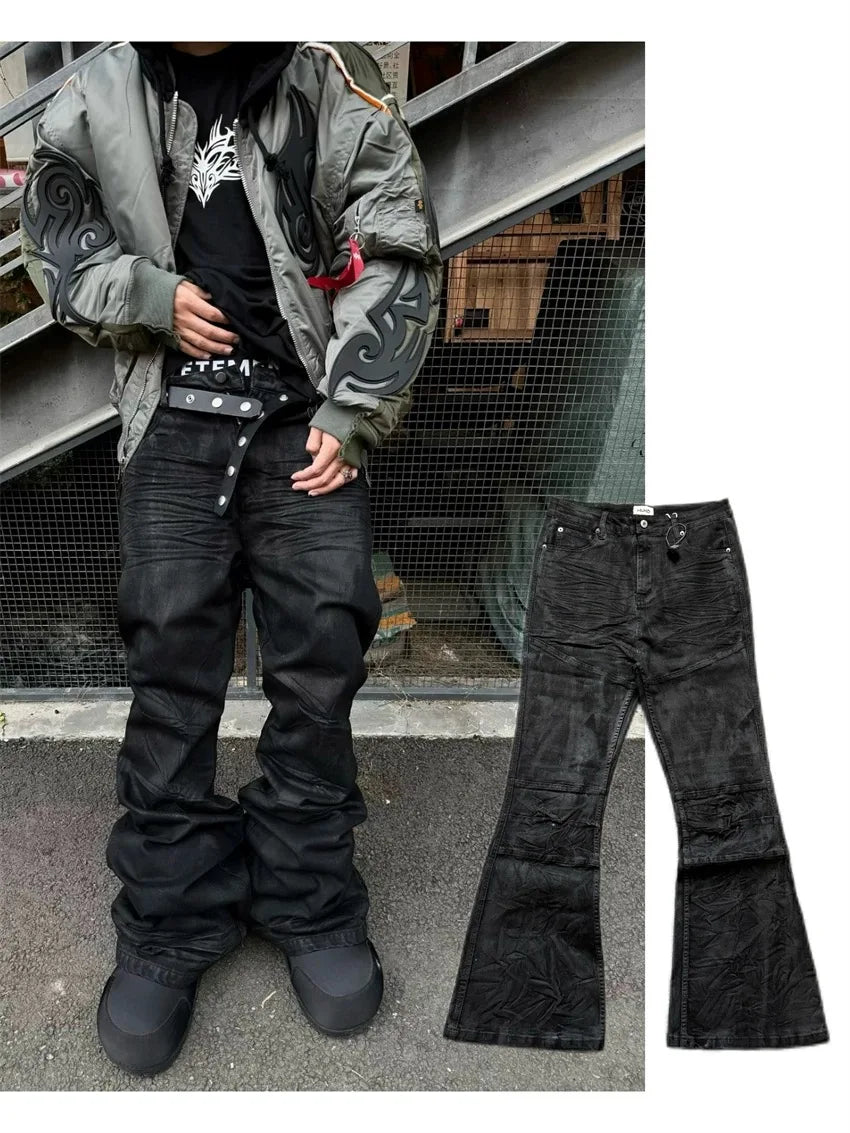 American retro heavy industry men and women black gothic retro casual loose jeans High street coated micro-flare jeans