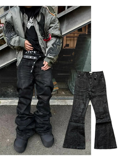 American retro heavy industry men and women black gothic retro casual loose jeans High street coated micro-flare jeans