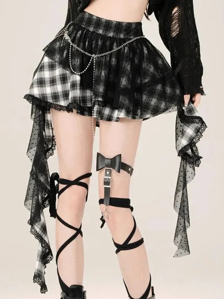 Y2K Harajuku Plaid Skirt Women Retro Streetwear High Waist Gothic Mini Skirt Retro Lace Patchwork Punk Fashion Skirt New Style
