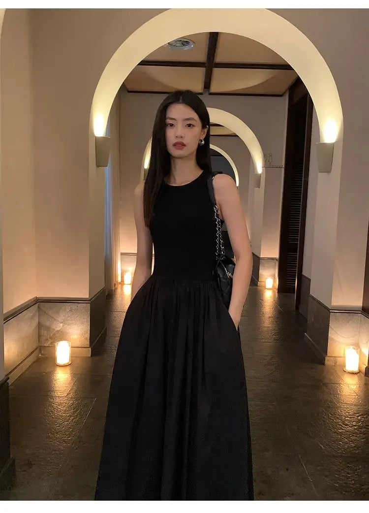 New Vintage Holiday Style Black Midi Dress Dresses for Women Clothing O Neck Office Lady Casual Pockets Women's Clothing