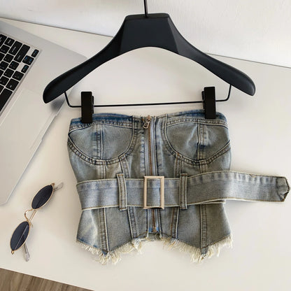 SINGREINY Vintage Denim Strapless Camis Backless Irregular Raw Hem Slim Distressed Crop Top Ladies Sashes Sexy Club Lingerie Top