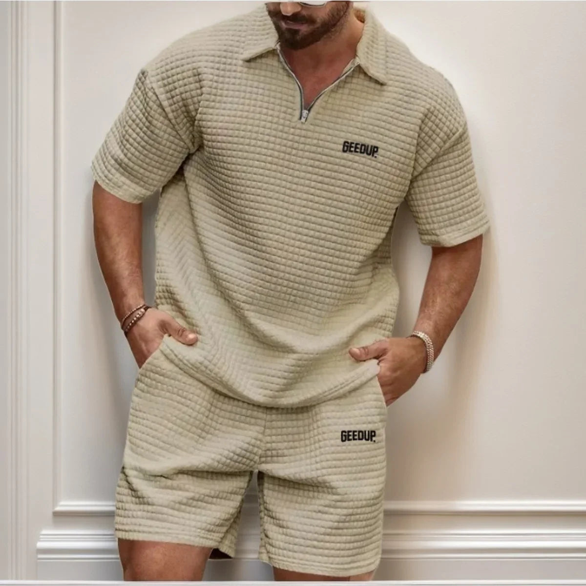 New men's casual, fashionable and comfortable waffle checkered letter lapel sportswear set, spring and summer two-piece set