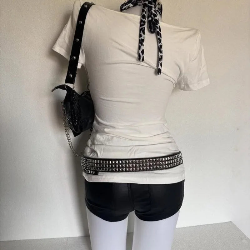 Women's Subculture Skull Print Fake Two-Piece T-Shirt Summer Gothic Slim Fit Halter Tops Y2K Harajuku Grunge Punk Fashion Tees