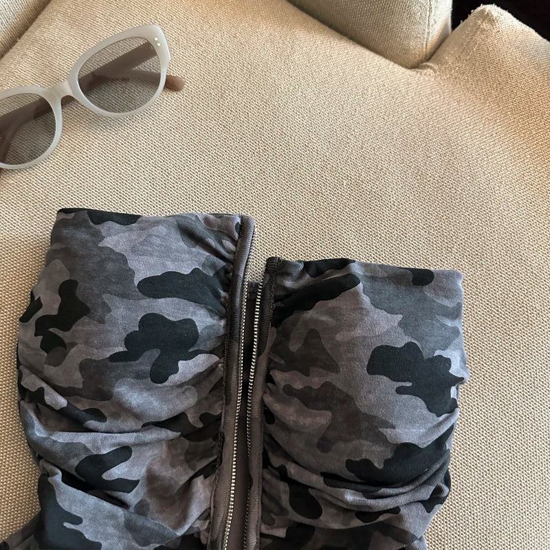 Sexy American Girl Camouflage Print Tube Top Vest Women's Summer Zipper Open Cardigan Shoulder Bared Short Style Top