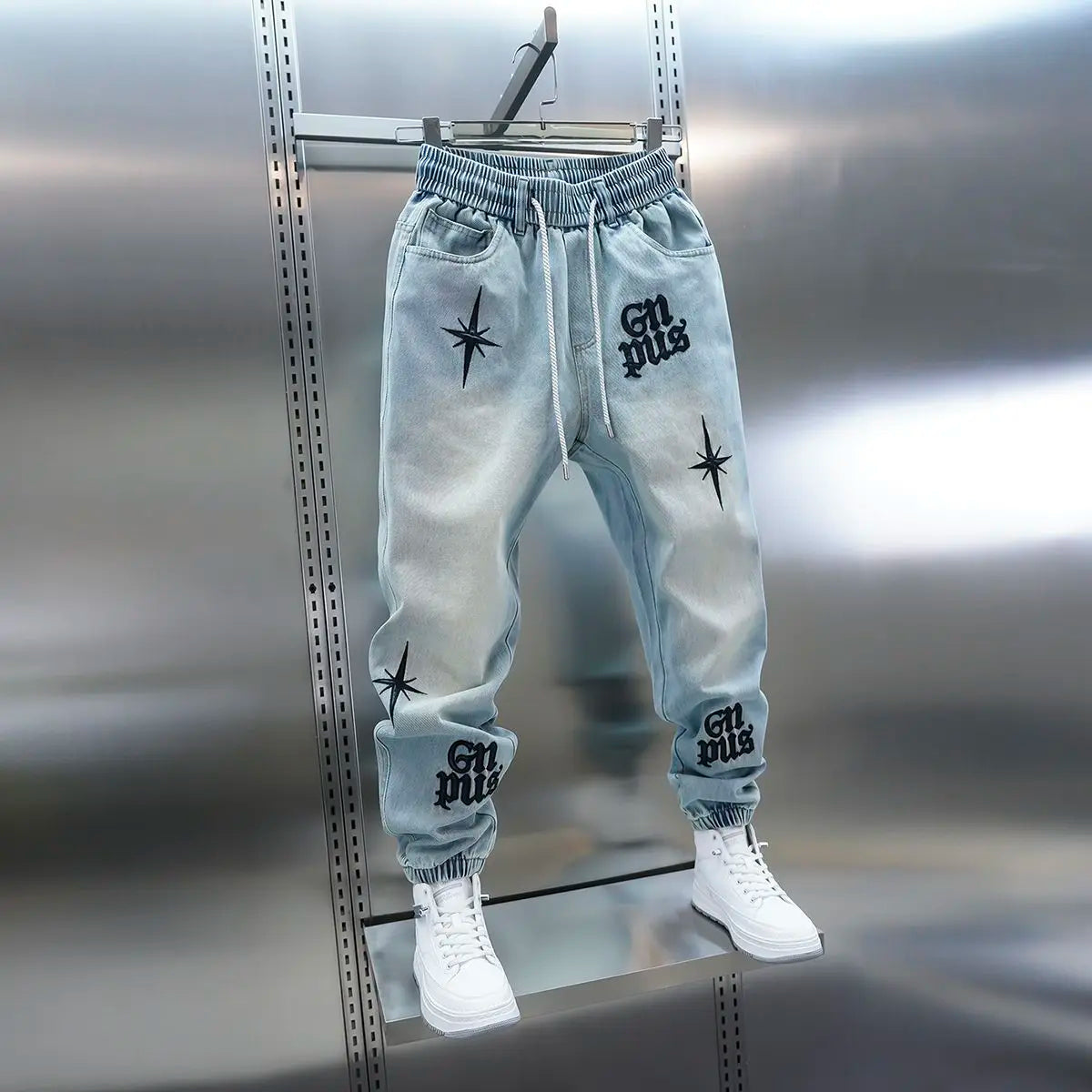 American high-street letter embroidered washed denim jeans fashion loose-fitting jogger harem pants slim-fit casual pants