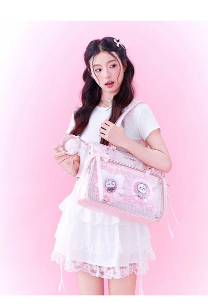 Japanese New Girls Silver Shoulder Bag Large Capacity Ribbon Itabag Student Women's Satin Messenger Bag Leather Backpacks