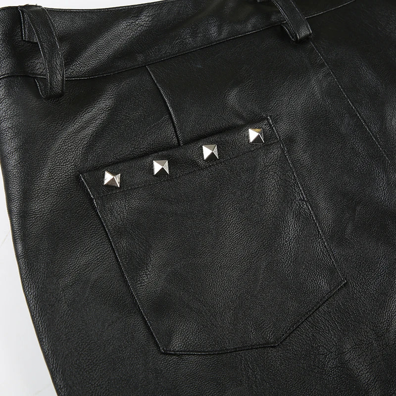 2025 Autumn Winter Women's PU Pants Low Rise Goblin Core Faux Leather Trousers Bell Bottom Gothic Japanese Y2k Stretch 2000s New