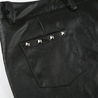 2025 Autumn Winter Women's PU Pants Low Rise Goblin Core Faux Leather Trousers Bell Bottom Gothic Japanese Y2k Stretch 2000s New