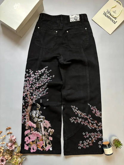 Ripped Baggy Jeans Cotton Patch Dyed Skull Pattern Y2k Mens Jeans Goth Punk Wide Leg Casual Pants Hip Hop Trousers Men Clothing