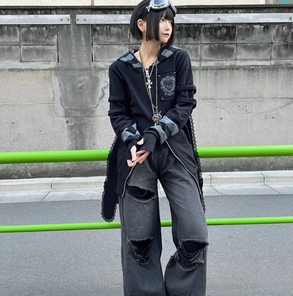 Japanese Harajuku Style Bow Sweet Cool Long-Ear Hooded Lace Trim Color-Block Zipper Long Cardigan Coat Gothic Hoodie Jacket