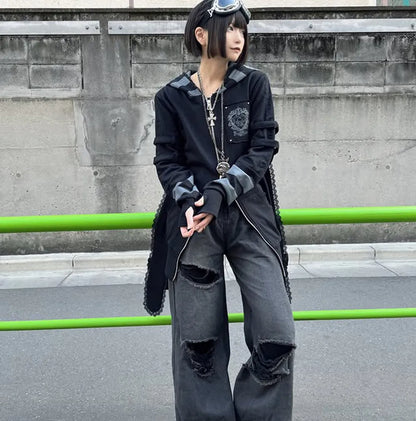 Japanese Harajuku Style Bow Sweet Cool Long-Ear Hooded Lace Trim Color-Block Zipper Long Cardigan Coat Gothic Hoodie Jacket