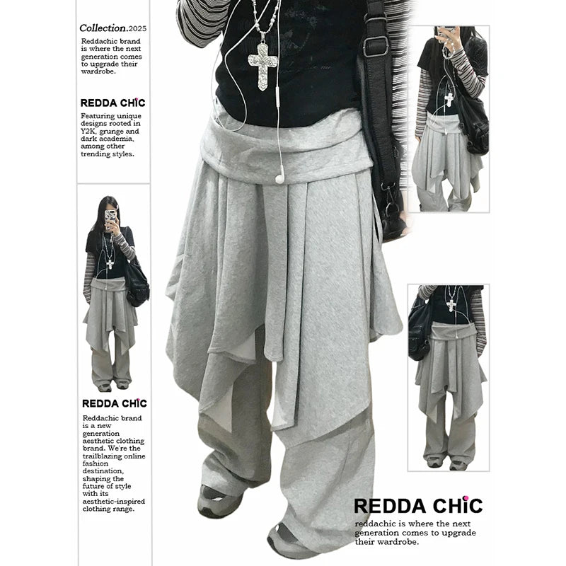 ReddaChic Wrappd Gray Sweatpants Lounge Elastic Waist Wide Leg Irregular Skirt Layering Trousers Grunge Korean Women Clothes