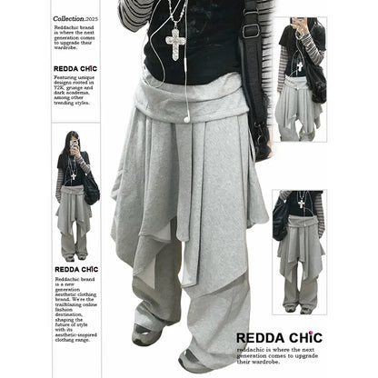 ReddaChic Wrappd Gray Sweatpants Lounge Elastic Waist Wide Leg Irregular Skirt Layering Trousers Grunge Korean Women Clothes
