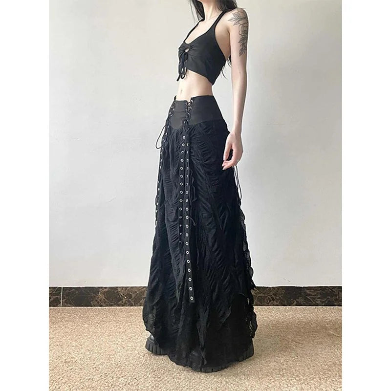 Gothic Punk Style Printed Black Long Skirt for Women Summer New Fashion Spicy Girls Strap Sexy High Waist Slimming y2k Skirts