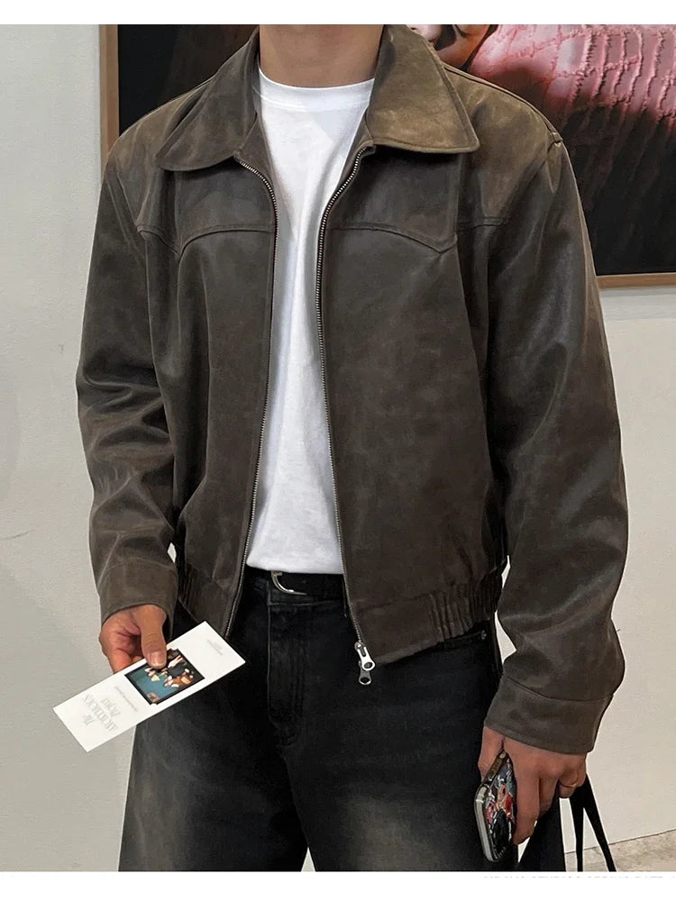 Spring Autumn Vintage Lightweight Distressed Washed Brown Pu Leather Jacket Men Zipper Casual Korean Fashion Clothes