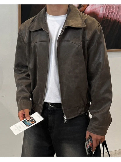 Spring Autumn Vintage Lightweight Distressed Washed Brown Pu Leather Jacket Men Zipper Casual Korean Fashion Clothes