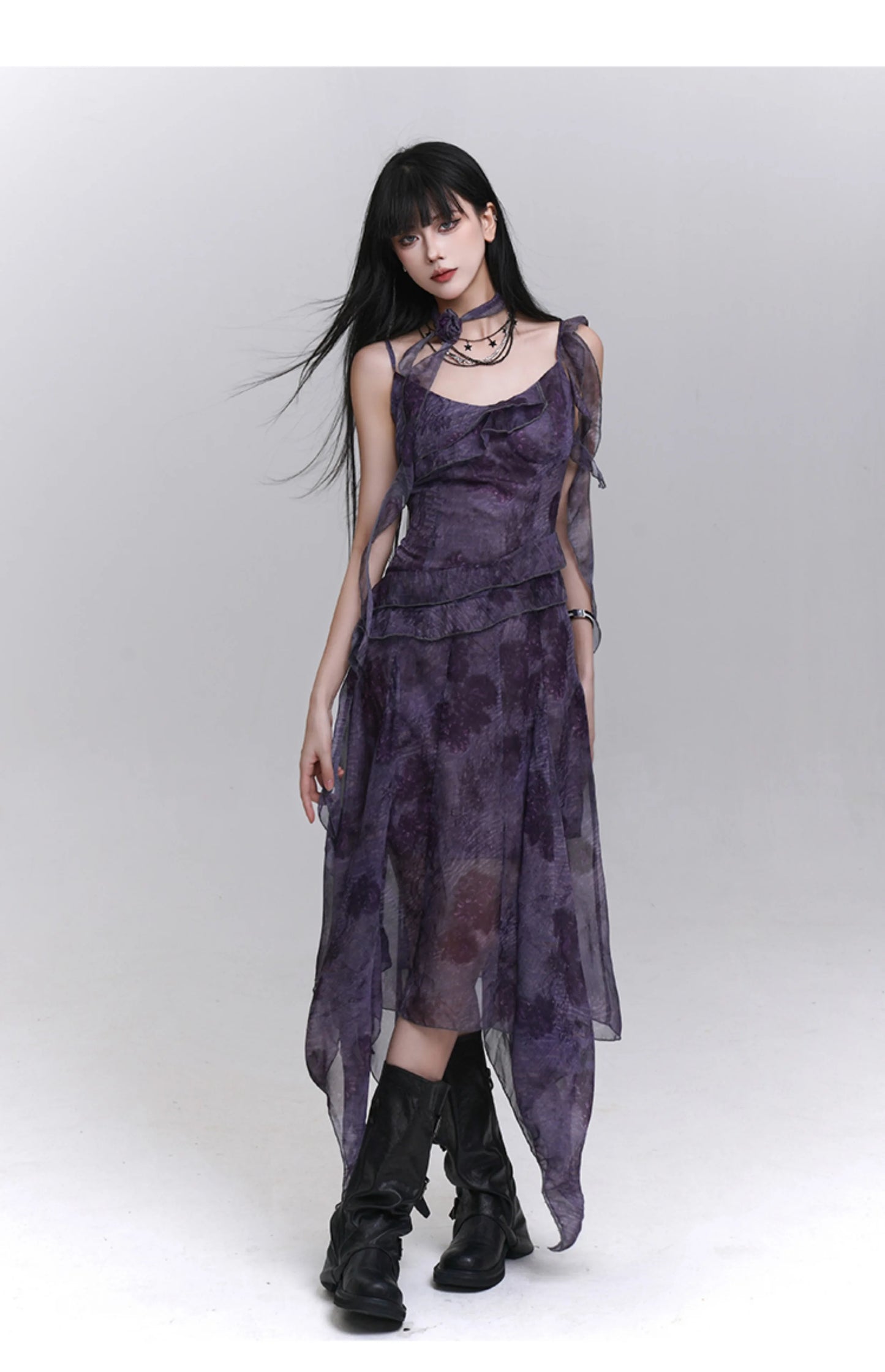 Women's Purple Tie-Dye V-Neck Midi Dress