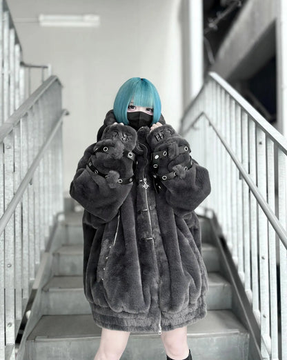 Lautaro Autumn Winter Thick Warm Faux Fur Coat Women with Hood Zipper Luxury Japanese Style Punk Harajuku Fluffy Jacket 2026
