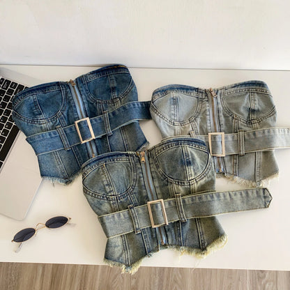 SINGREINY Vintage Denim Strapless Camis Backless Irregular Raw Hem Slim Distressed Crop Top Ladies Sashes Sexy Club Lingerie Top