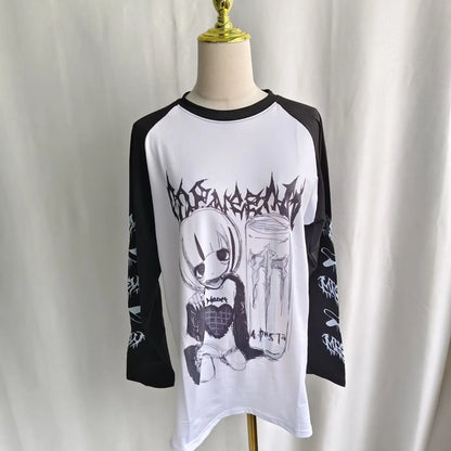 Kimutomo T Shirts Women Cartoon Printed Long Sleeve Loose Fashion Punk Style Grunge Gothic Y2k Aesthetic Harajuku Tops Ladies