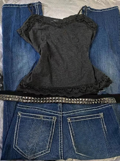 American Vintage Tank Top Women Slim Lace Trim Casual Camis Y2K Vintage Gothic Punk Subculture Sexy Style Girl 2026 Summer Top