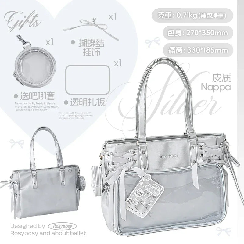 Japanese New Girls Silver Shoulder Bag Large Capacity Ribbon Itabag Student Women's Satin Messenger Bag Leather Backpacks
