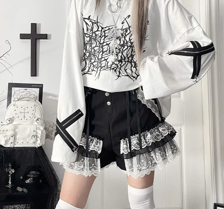 Original Print Subculture Dark Loose Long Sleeve Pure Cotton T-Shirt Japanese Punk Gothic Long Sleeve Round Neck Cool Girl Top