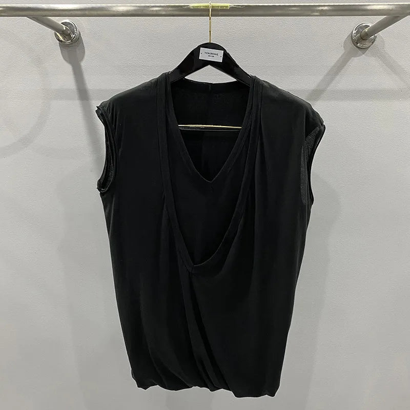 HKSH Summer Spring New Men's Tide Dark Sexy Double Layered V-neck Solid Sleeveless Tees Fashion Knit Tank Tops Chic Vest HK1399