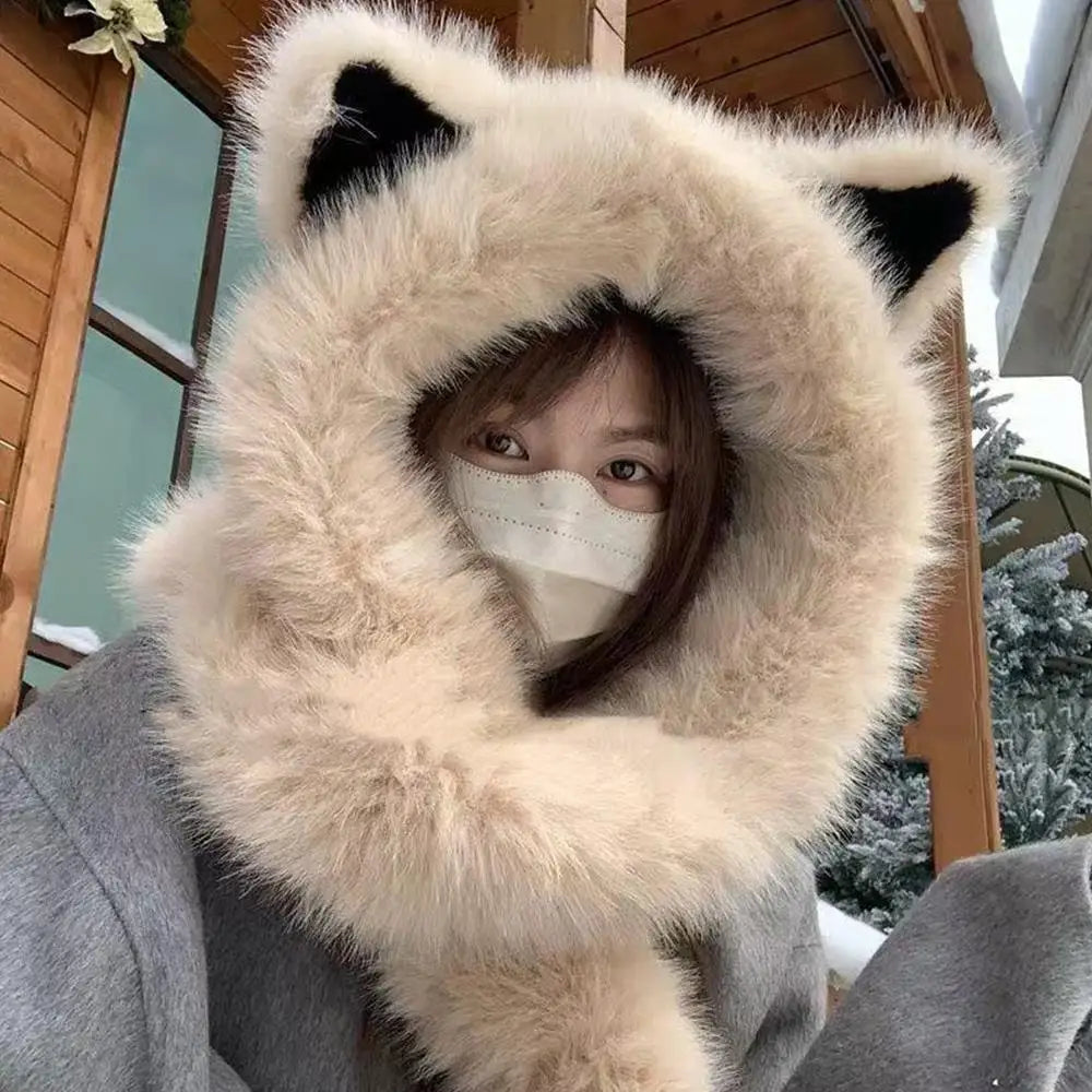 2025 New Women's Plush Fox Ear Bucket Hat Windproof Integrated Cap Scarf Trendy Cute Plush Neck Warm Hat Scarf Balaclava Hat